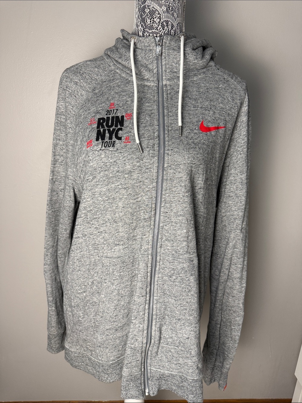 Nike Gray Full-Zip Hoodie with Red Swoosh